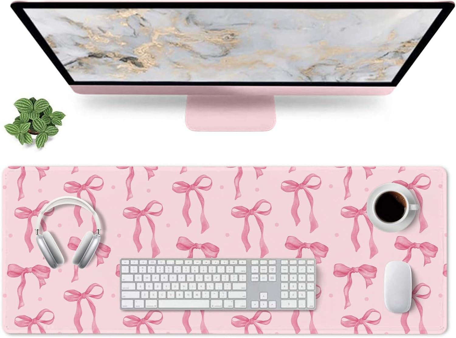 Pink Mouse Pad, Large Pink Desk Mat Bows Computer Mat, Gaming Keyboard and Mouse Pad Non-Slip Rubber Base, Stitched Edge, Cute Girly Office Supplies Desk Accessories Decor for Women 31.5 x 11.8in