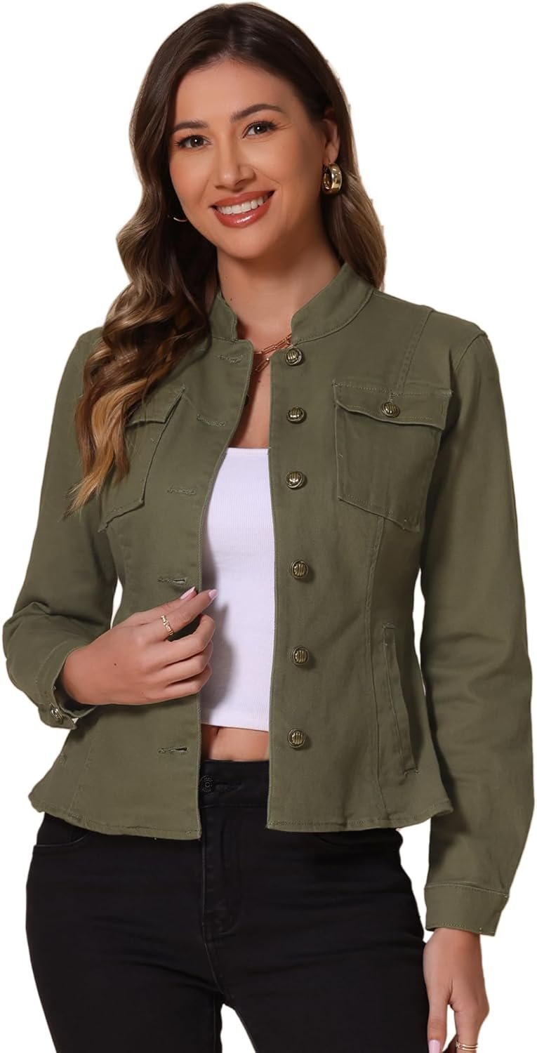 Allegra K Casual Denim Jacket for Women’s Classic Stand Collar Long Sleeve Jean Jacket