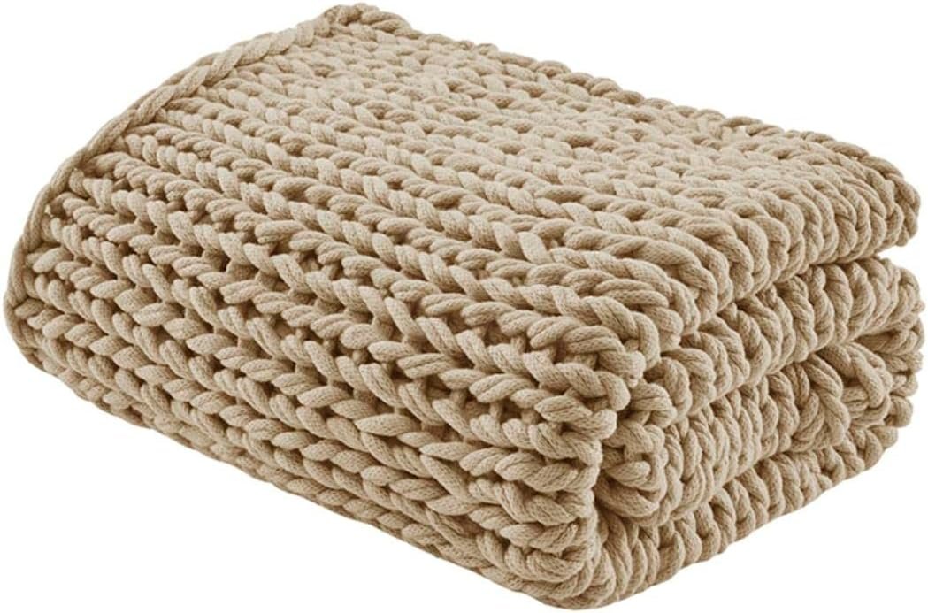 Madison Park Boho Throw Blanket, Soft Blanket Handmade Gift Home Decor, Lightweight & Breathable All Seasons Spring Chunky Knit Blanket, Knitted Throw for Couch, Bed Blanket, 50″x60″ Tan