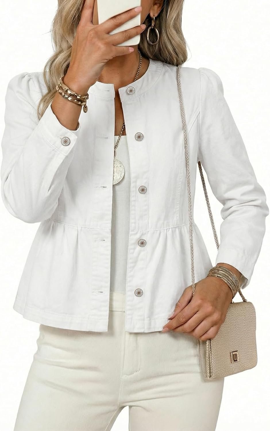 Dokotoo Cropped Jean Jacket Women Button Down Long Sleeve Collarless Cinched Waist Denim Jackets