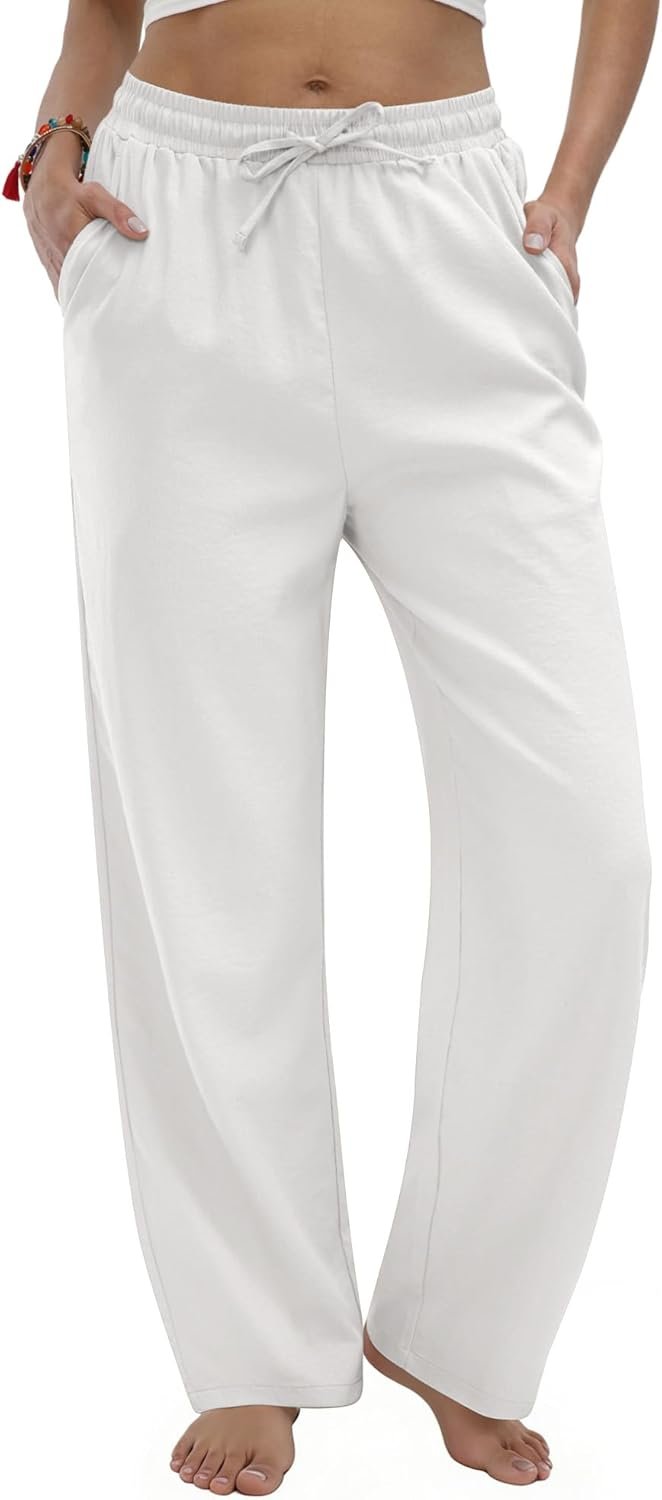TOPYOGAS Women’s Linen Casual Pants High Waist Drawstring Lounge Pant Summer Boho Straight Trousers with Pockets