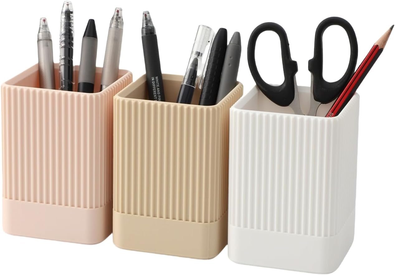 3 Pack Aesthetic Pen Holder for Desk-Sturdy Plastic Pencil Holder – Stylish Makeup Brushes Cup for Women Girls – Cute and Functional Desk Organizer for Office Supplies – Modern Office Decor Pen Cup