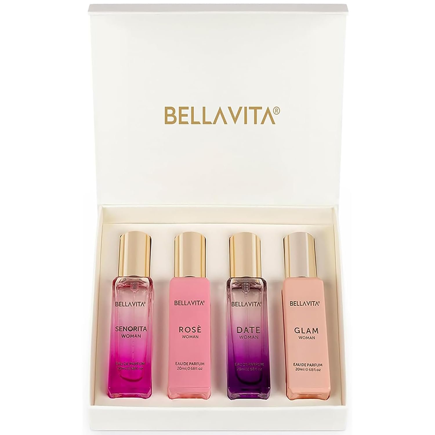 Bellavita Luxury Women’s Perfume Gift Set with Rose, Senorita, Date, and Glam | 80ml | Perfume for Women | Pink Pepper, Yuzu and Floral Peach | Long Lasting Fragrance |Mother’s day present