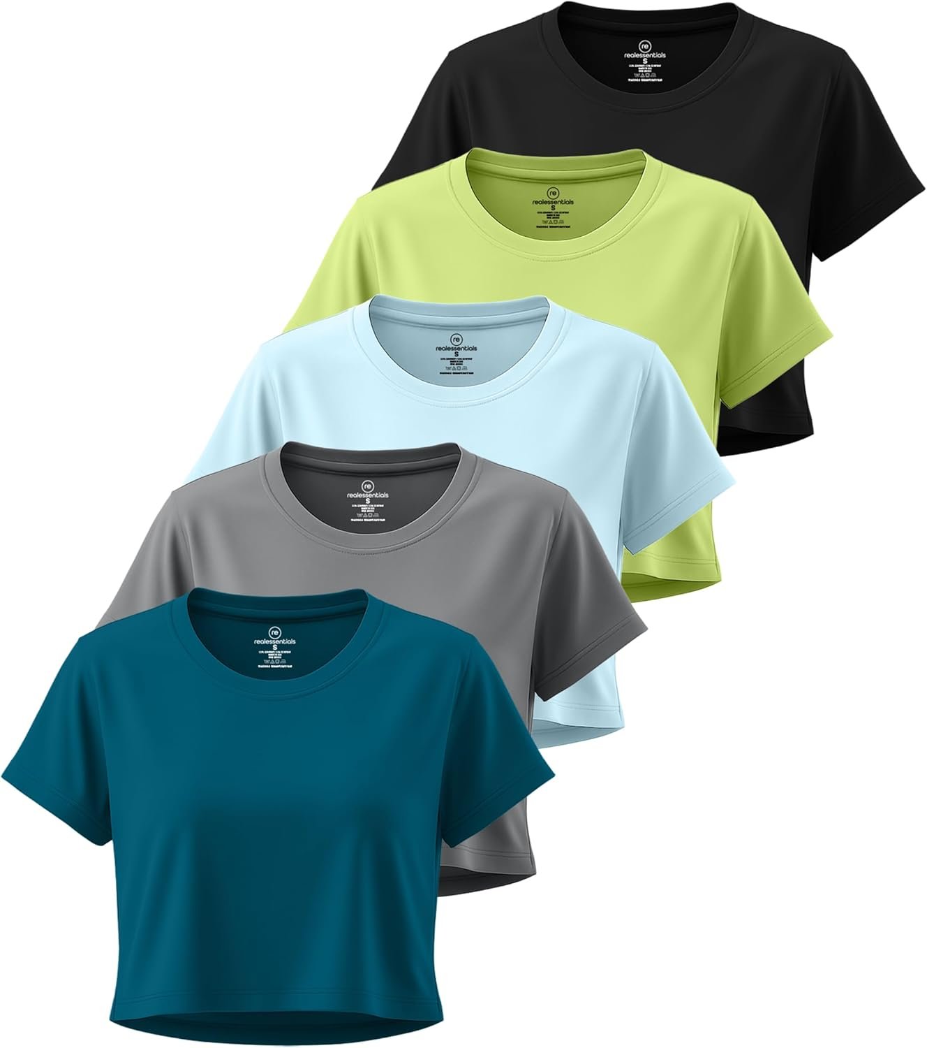 Real Essentials 5 Pack: Women’s Dry-Fit Crop Top Short Sleeve Shirts Workout Gym Cropped Athletic Tee (Available in Plus)