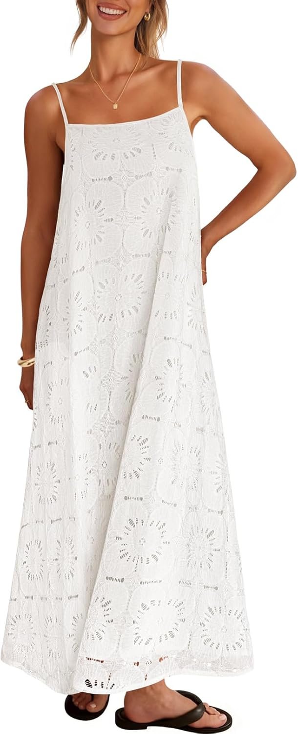 MEROKEETY Women’s Summer Spaghetti Straps Sundress 2026 Casual Sleeveless Floral Lace Eyelet Boho Beach Maxi Dress