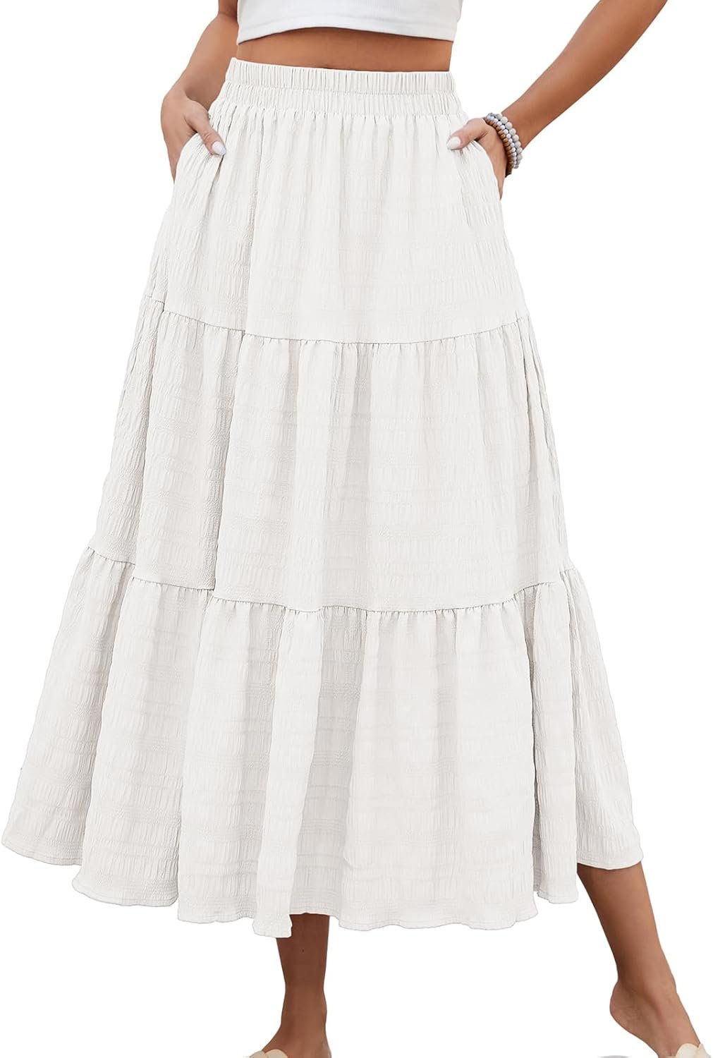HUSKARY Women’s Summer Casual Elegant Smock Layered Tiered Maxi Skirt High Waisted A Line Flowy Long Skirts with Pockets