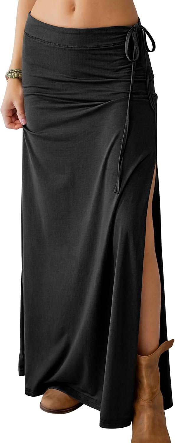 ANRABESS Womens Maxi Skirts High Waisted 2026 Summer Boho Floral Beach Flowy Side Slit Long Skirt with Adjustable Drawstring