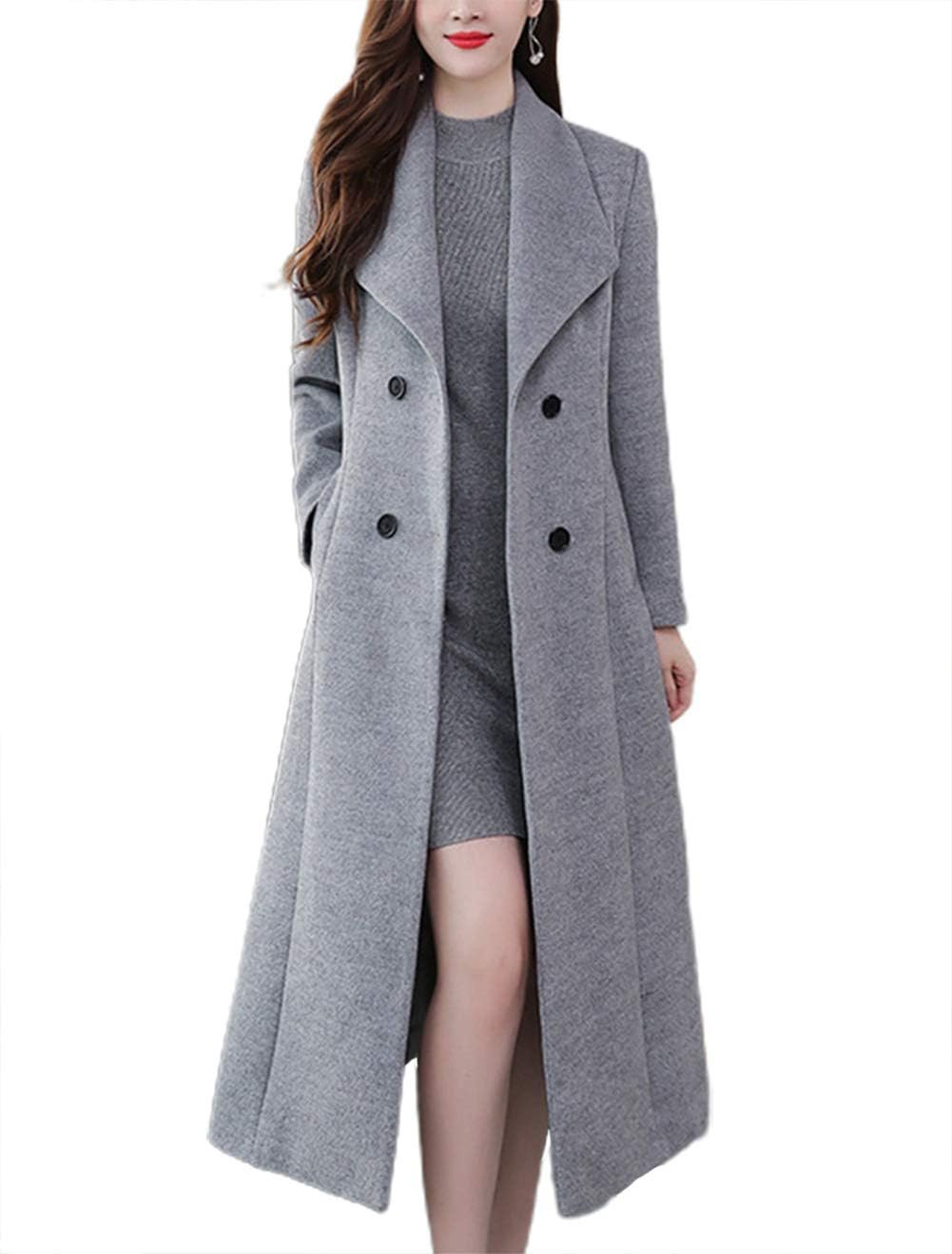 chouyatou Women’s Maxi Long Wool Blend Pea Coat Shawl Collar Double Breasted Winter Trench Coat Overcoat