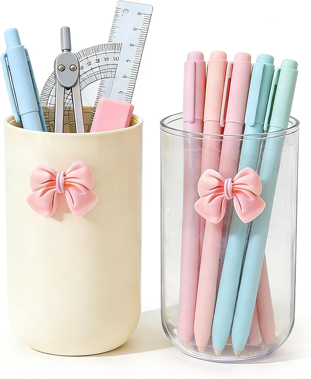 2 Pack Pen Pencil Holder for Desk, Acrylic Desk Organizer with Bow Clear Makeup Brush Holder Cup Desktop Stationery for Office School (Transparent+Beige)