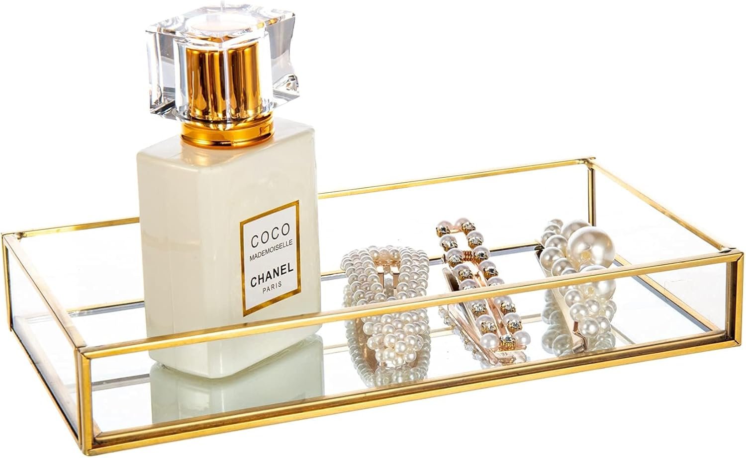 Feyarl Small Gold Clear Glass Perfume Tray Vanity Jewelry Trinket Rings Earrings Organizer Tray Collection Display Decorative Tray for Dressr Drawer Office Tabletop (7.87Inch)