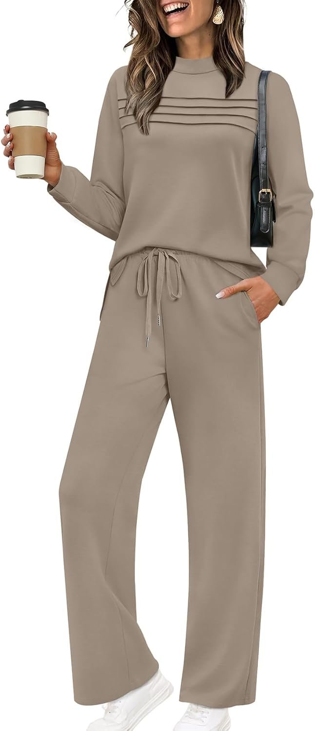 WIHOLL Two Piece Sets for Women Spring Travel Vacation Outfits 2026 Long Sleeve Lounge Sets Side Slit Wide Leg Pants S-3XL