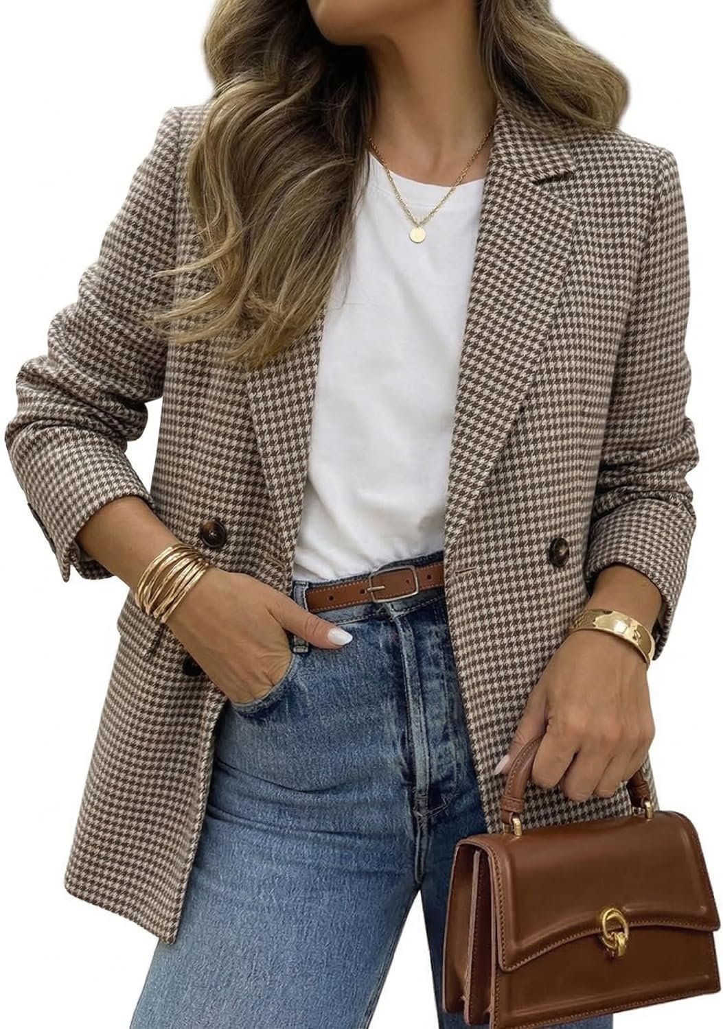 ELLEVEN Women’s Oversized Boyfriend Blazer, Plaid Tweed Jacket Fully Lined – Fall Winter Elegant Coat for Work Office