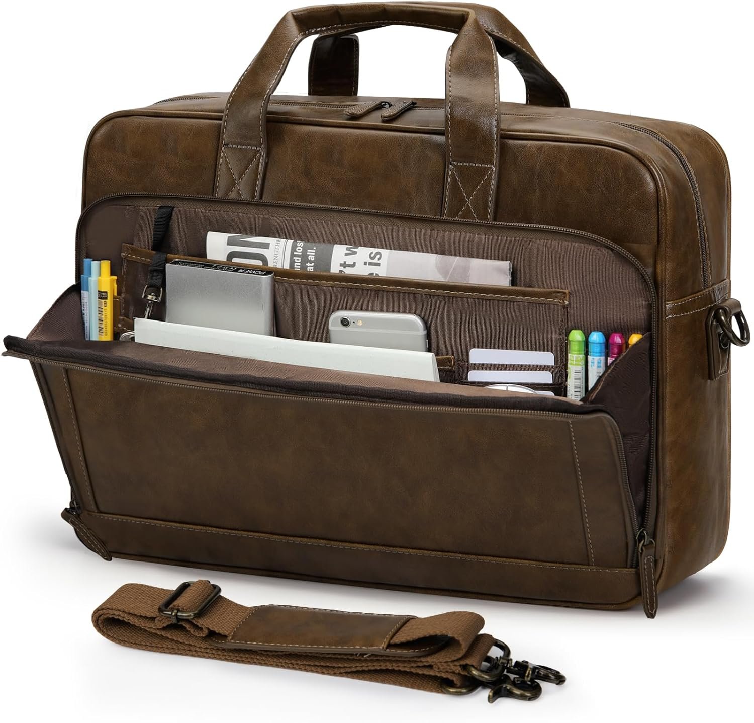 RAINSMORE Mens Laptop Bag 16 Inch Leather Briefcase Vintage Messenger Bag for Men Large Crossbody Shoulder Office Computer Bag Retro College Satchel Bag for Work, Business,Travel, Brown