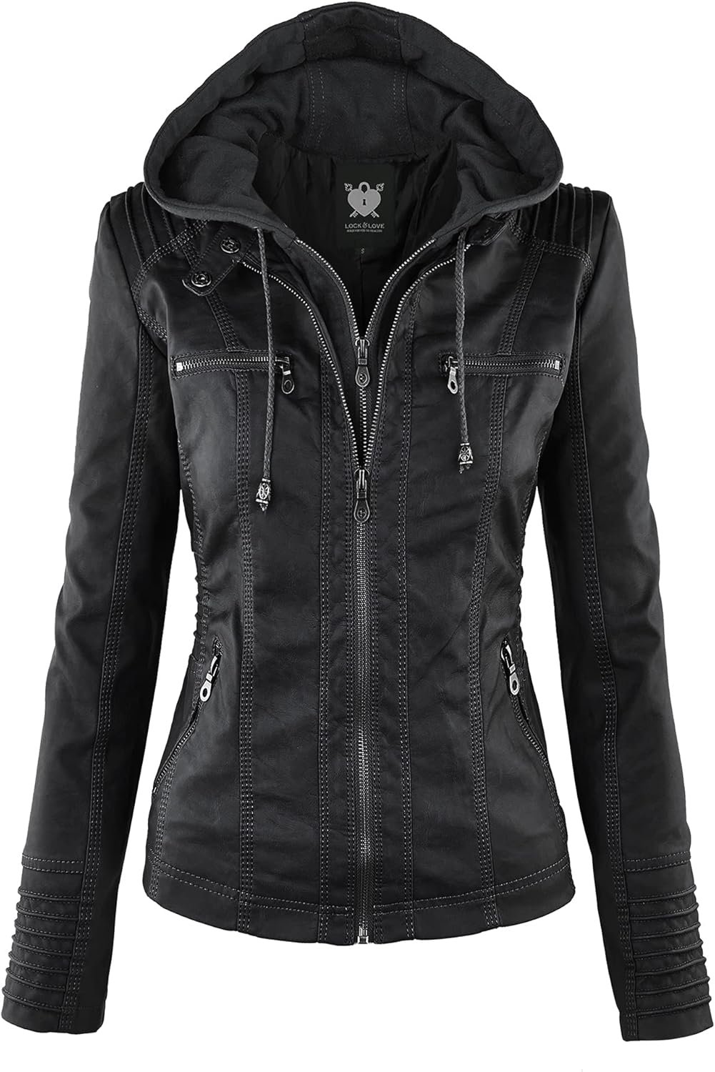 Lock and Love Women’s Faux Leather Moto Biker Jacket Coat with Removable or Non-Removable Hood