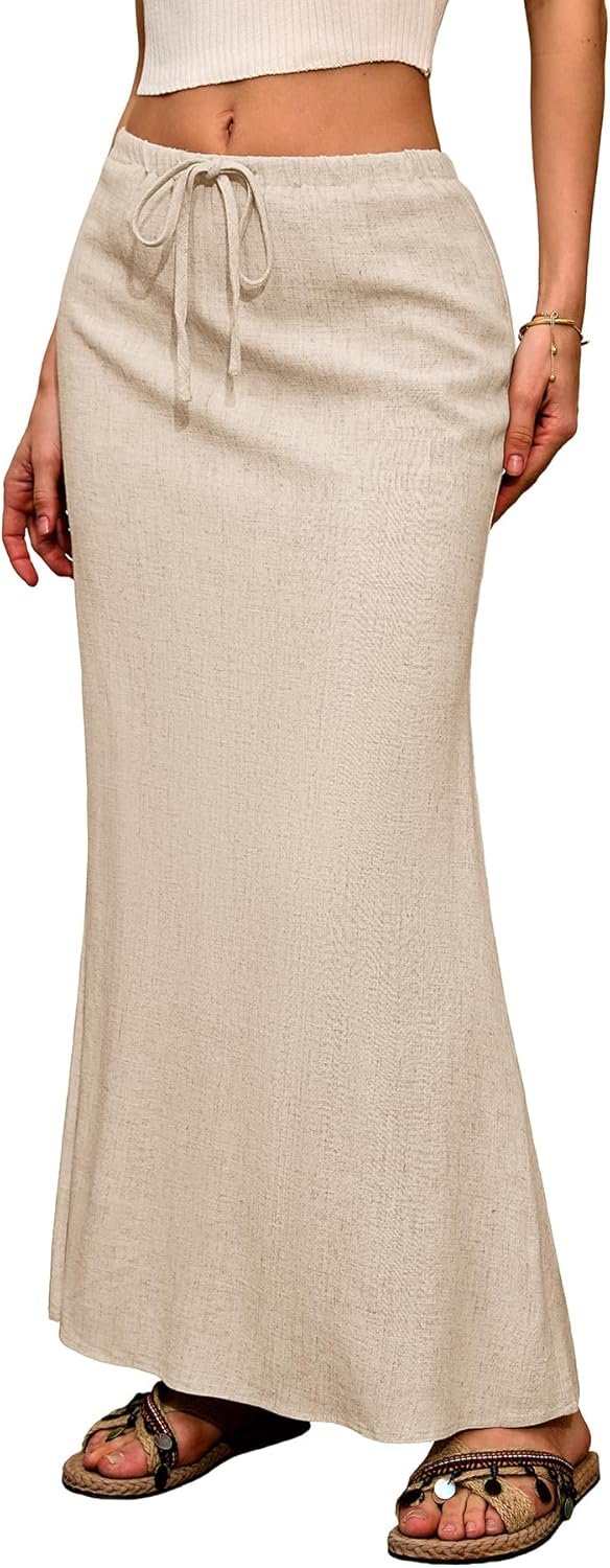 ELLEVEN Linen Flared Maxi Skirt with Back Slit – Elastic Waist Drawstring Long Flowy Ankle-Length Skirt
