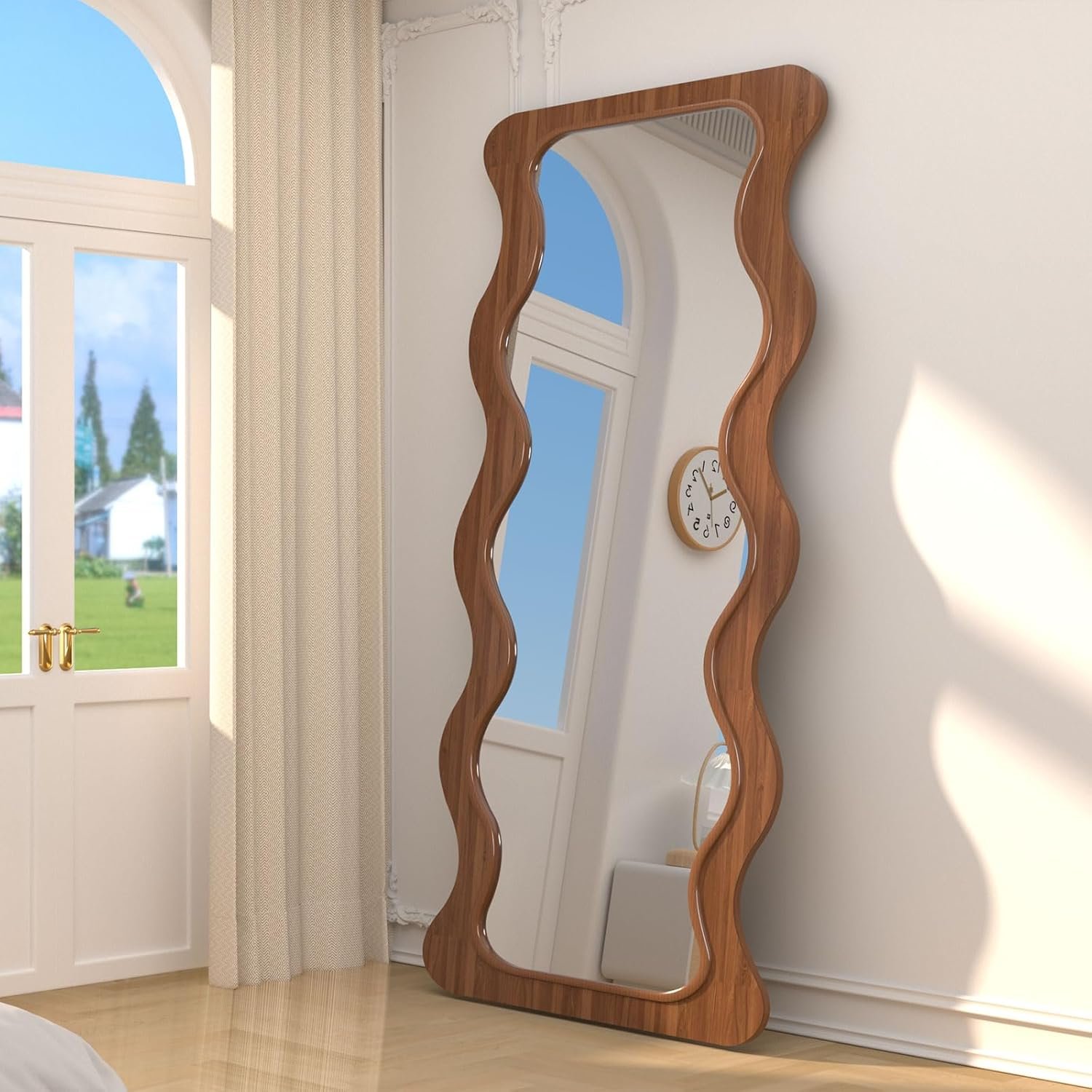 65″ x 24″ Wavy Full Length Mirror Wood Framed, Hanging or Leaning for Bedroom Dressing Living Room
