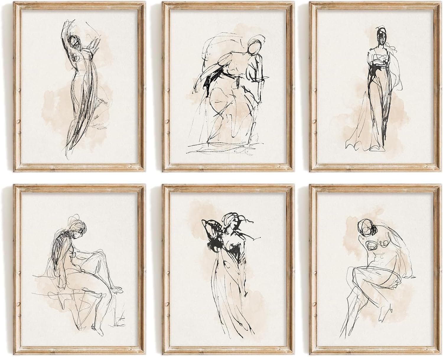 Vodefoad Figure Sketch Art Print Neutral Gallery Wall 6Pcs Set Soft feminine lines Abstract Wall Prints Boho Neutral Line Art Minimalist Bedroom Decor Vintage Drawing Art Female Prints Unframe