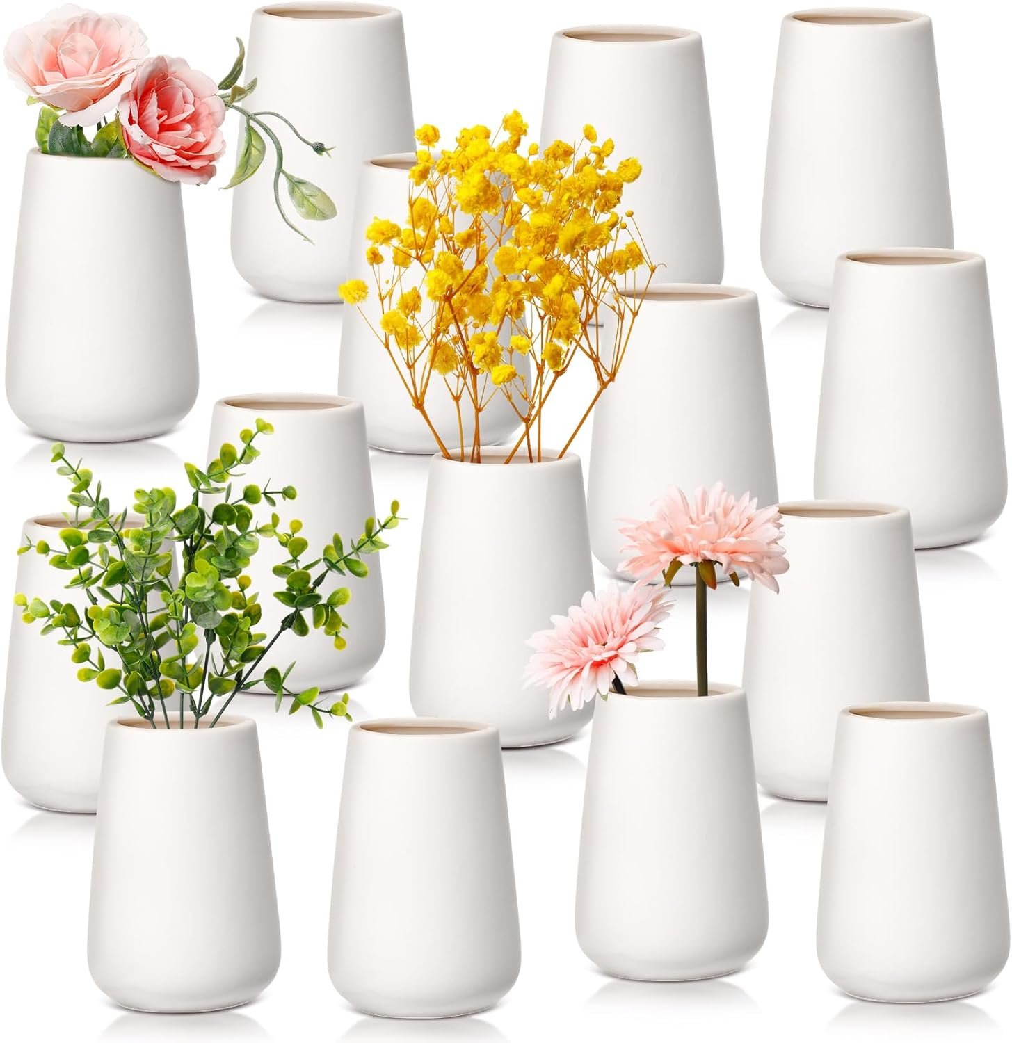 Tioncy 15 Pack White Ceramic Bud Vases Bulk Boho Small Flower Vase White Ceramic Vases for Centerpieces for Dry Flowers Pampas Grass Home Wedding Table Decor (3.9″*2.76″,Basic)
