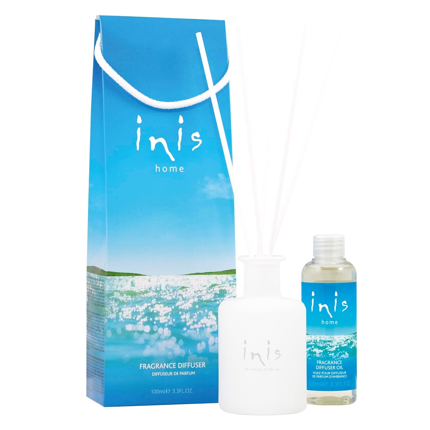 Inis the Energy of the Sea – Reed Diffuser Set with Fragrance Oil, Glass Bottle and Fibre Reeds, Clean Ocean Fresh Aquatic Home Fragrance for Living Room, Bathroom and Bedroom