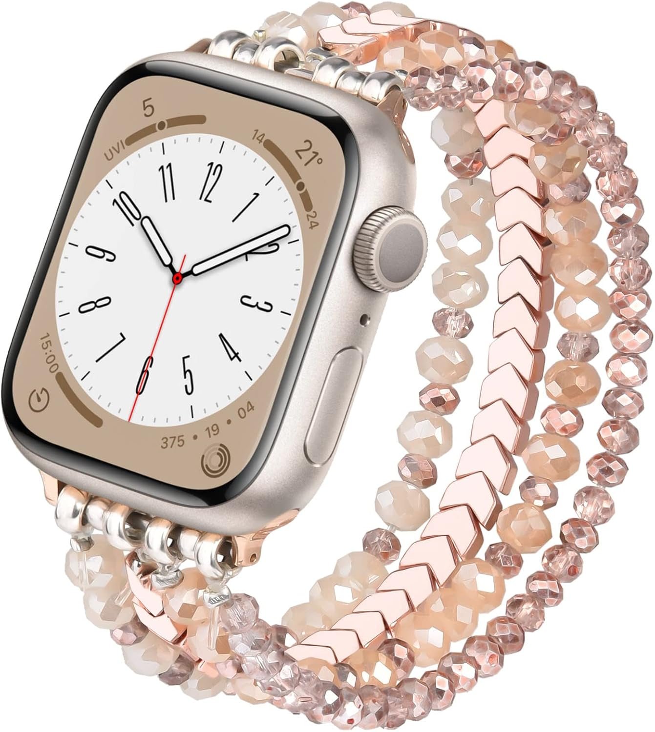MOFREE Beaded Bracelet Apple Watch Band for Women 38mm 40mm 41mm 42mm, Elastic Stretch Women Strap Bands Compatible with iWatch Series 11/10/9/8/7/SE/6/5/4/3/2/1, Rose Gold for 5.3”-6.2” Wrists