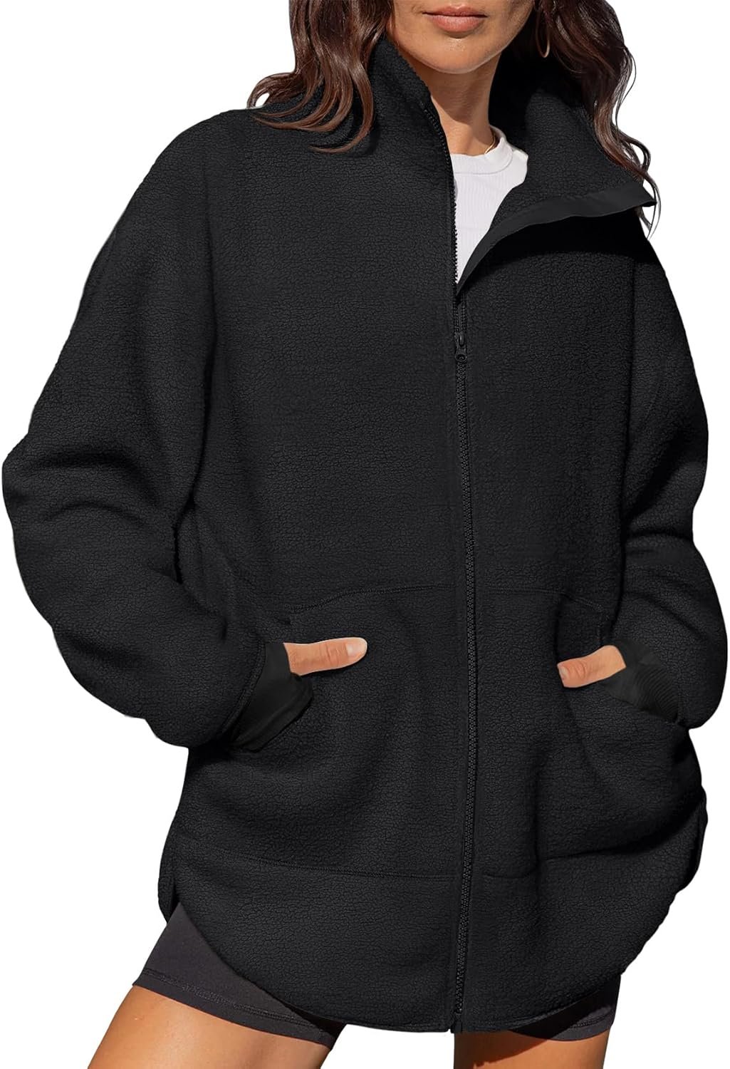 LASLULU Womens Full Zip Fleece Long Jacket Sherpa Oversized Sweatshirts Stand Collar Winter Coat Warm Sweater