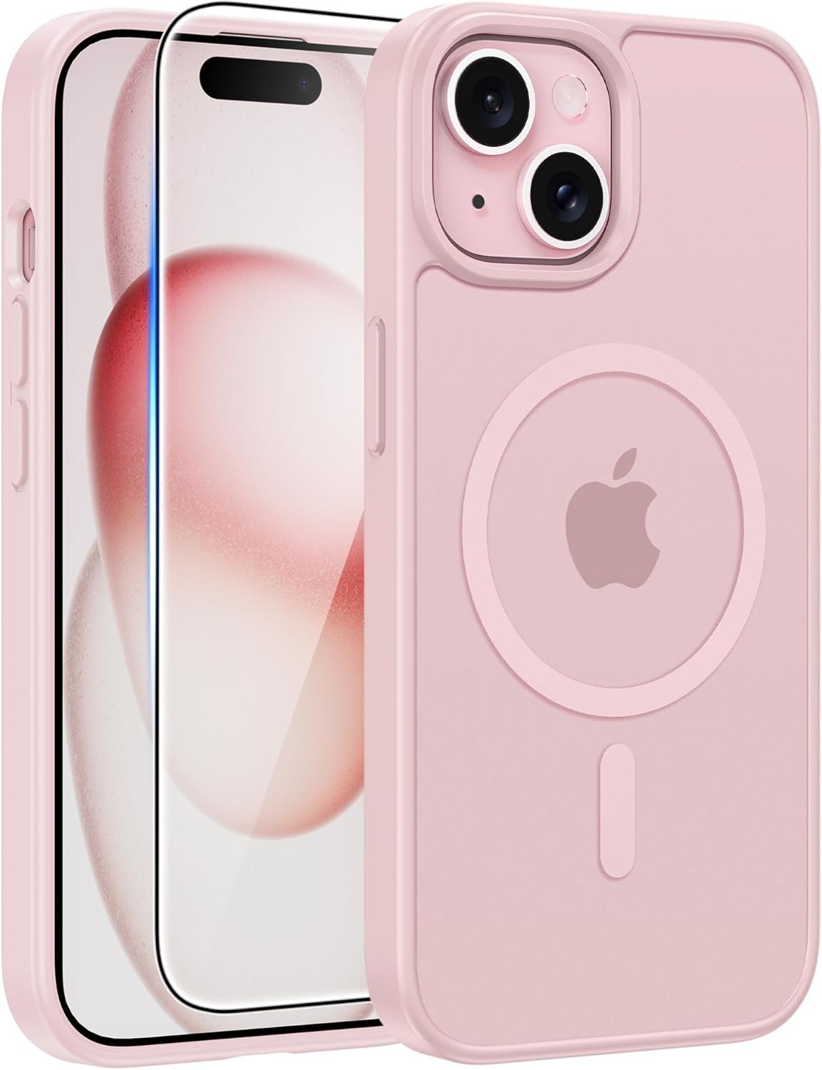 FNTCASE for iPhone 15 Case: for iPhone 14 Case & iPhone 13 Case [Compatible with Magsafe] Translucent Matte Cases with [Screen Protector] Military Grade Shockproof Protective Phone Cover – Light Pink