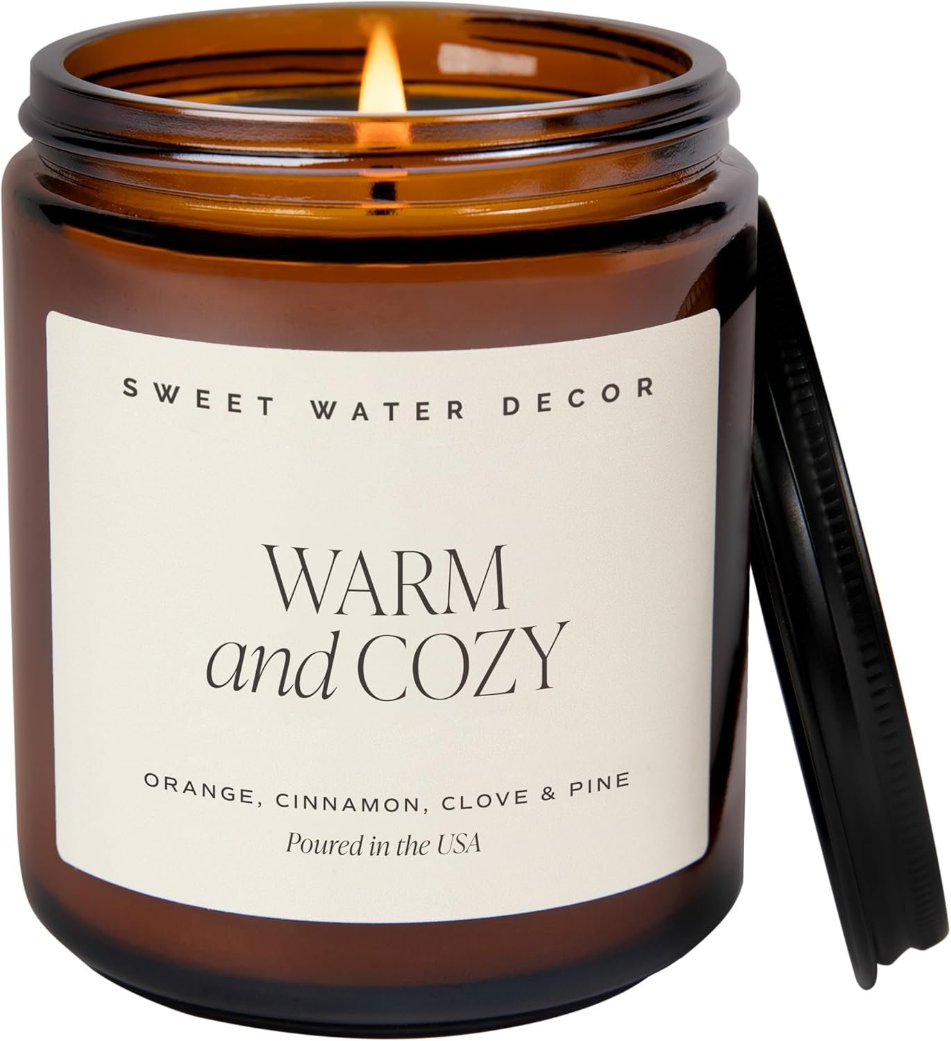 Sweet Water Decor Warm and Cozy Soy Candle – Orange Peel, Cinnamon, Ginger and Clove Scented Candles for Home – 9oz Amber Jar + Black Lid, 40+ Hour Burn Time, Made in the USA