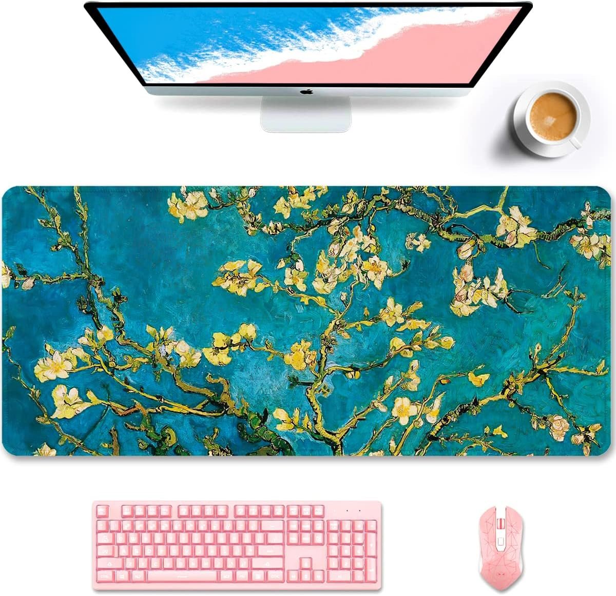 Auhoahsil Desk Pad, XXL Large Mouse Pad, Extended Gaming Mousepad, Cute Desk Mat for Women, Big Office Accessories Mouse Pad for Computer Keyboard and Laptop, 35.6″ x 15.7″, Teal Van Gogh Almond Tree