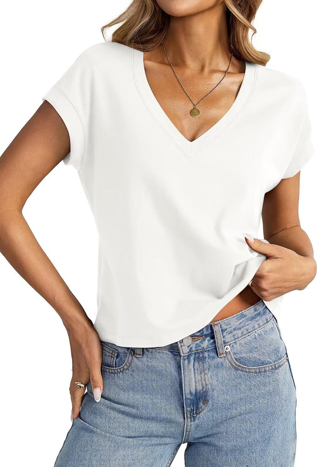 EasyGala Womens Cap Sleeve Crop Tops Cotton V Neck T Shirt Boxy Loose Fit Short Sleeves Tee Summer Fashion Clothes 2026