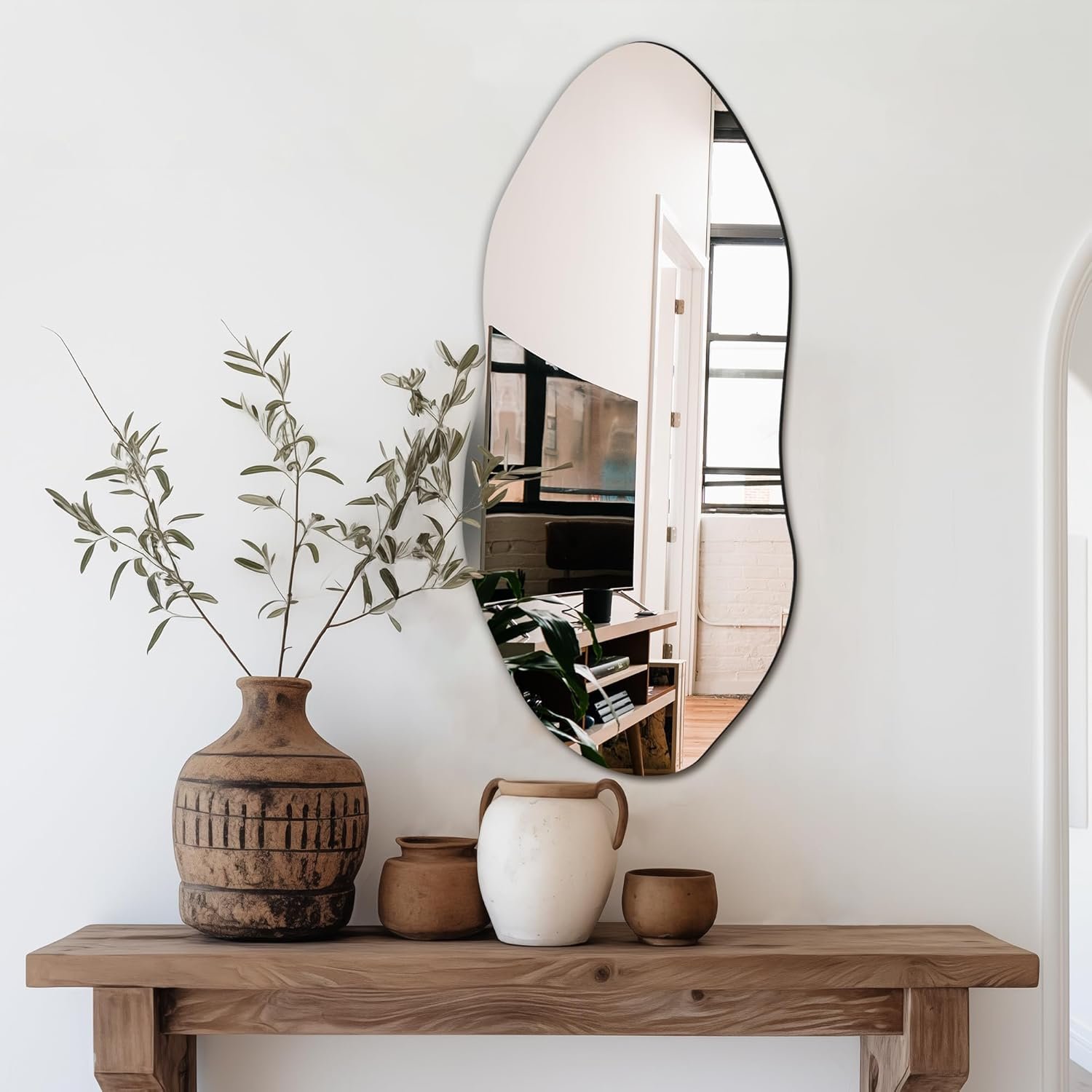 Delma Irregular Wall Mirror,32″x14″ Slim Vertical Wavy Design,Frameless Decorative Mirror for Entryway,Hallway & Bathroom,Modern Boho Wall-Mounted