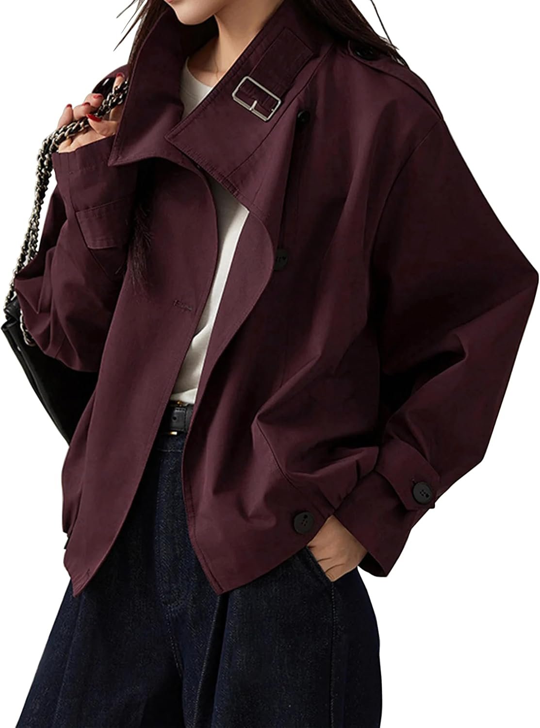 Megfie Jackets for Women Trendy Vintage Trench Coat Turtleneck Crop Jackets with Pockets
