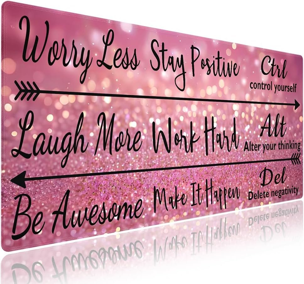 Extra Large Gaming & Office Mouse Pad (31.5″ x 11.8″) – Inspirational Quote Stay Positive Work Hard & Pink Glitter Design, Premium Anti-Slip XXL Desk Mat with Durable Stitched Edges