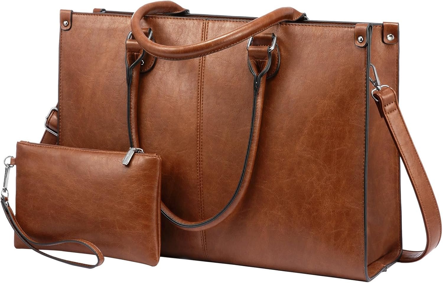 LOVEVOOK Laptop Tote Bag for Women, 15.6 Inch Large Capacity Vintage Leather Waterproof Work Computer Handbag with Clutch Purse, Ideal Gift for Women, Office & Daily Use, Dark Brown