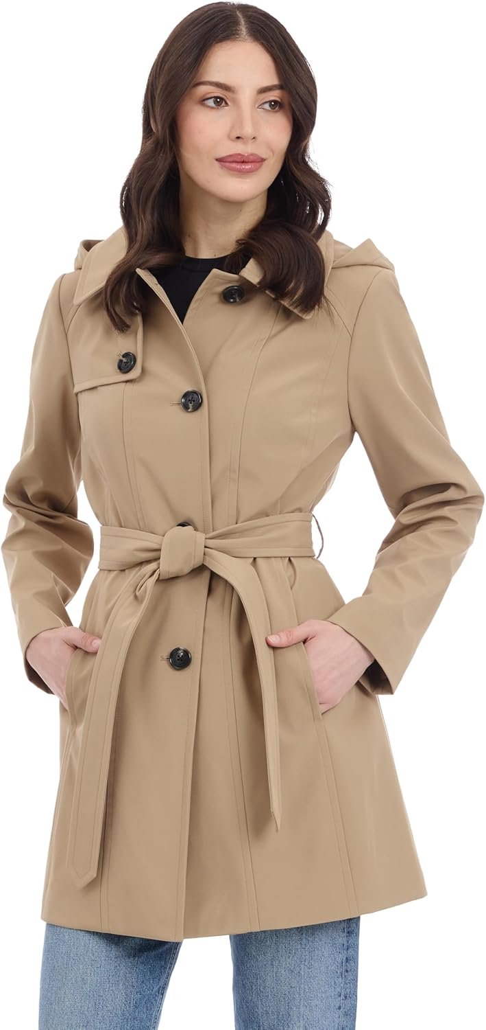 Michael Kors Women’s Trench Coat Style Raincoat with Detachable Hood
