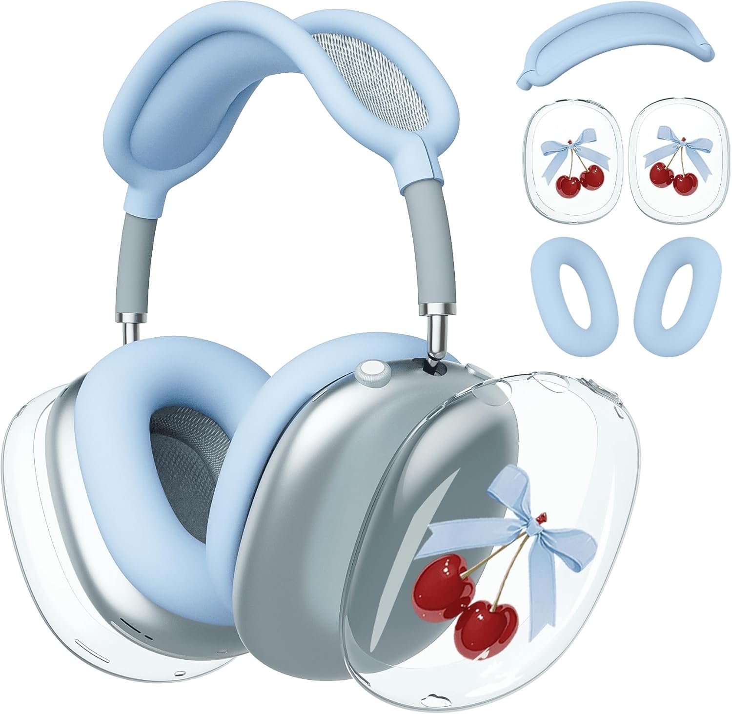 Headphone Cover for AirPods Max, Cute Cherry Bow Clear Ear Cups Covers, Blue Silicone Ear Pad Case Headband Cover for Apple AirPods Max 2/1 (2026/2024/2020)