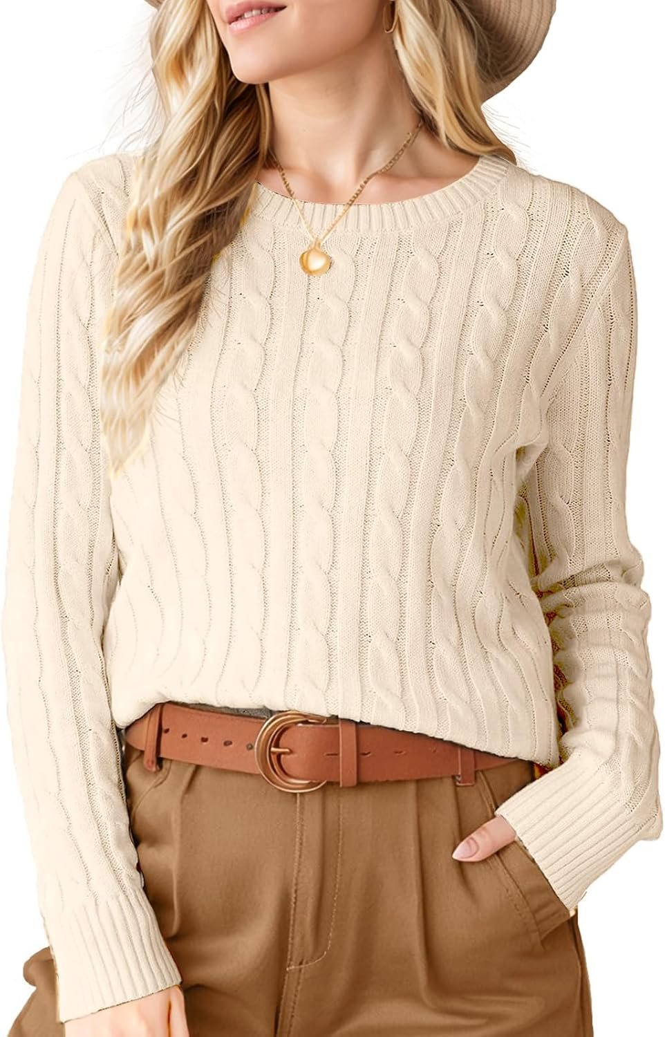 Womens Winter Fall Sweaters 2026 Trendy Cable Knit Long Sleeve Crewneck Tops Casual Outfit Sweater for Women