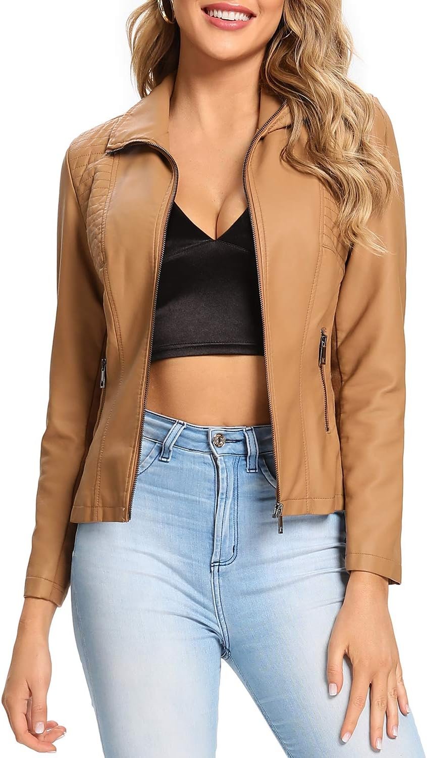 S P Y M Womens Faux Leather Jacket, Casual Fashion Quilted Zip Up Suede Coat With Elastic Rib