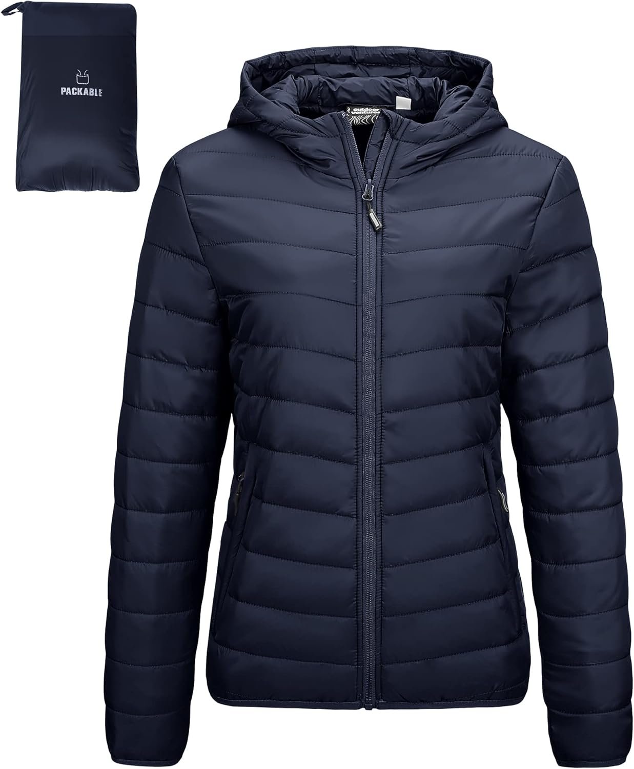 Outdoor Ventures Women’s Packable Lightweight Full-Zip Puffer Jacket with Hood Quilted Winter Coat