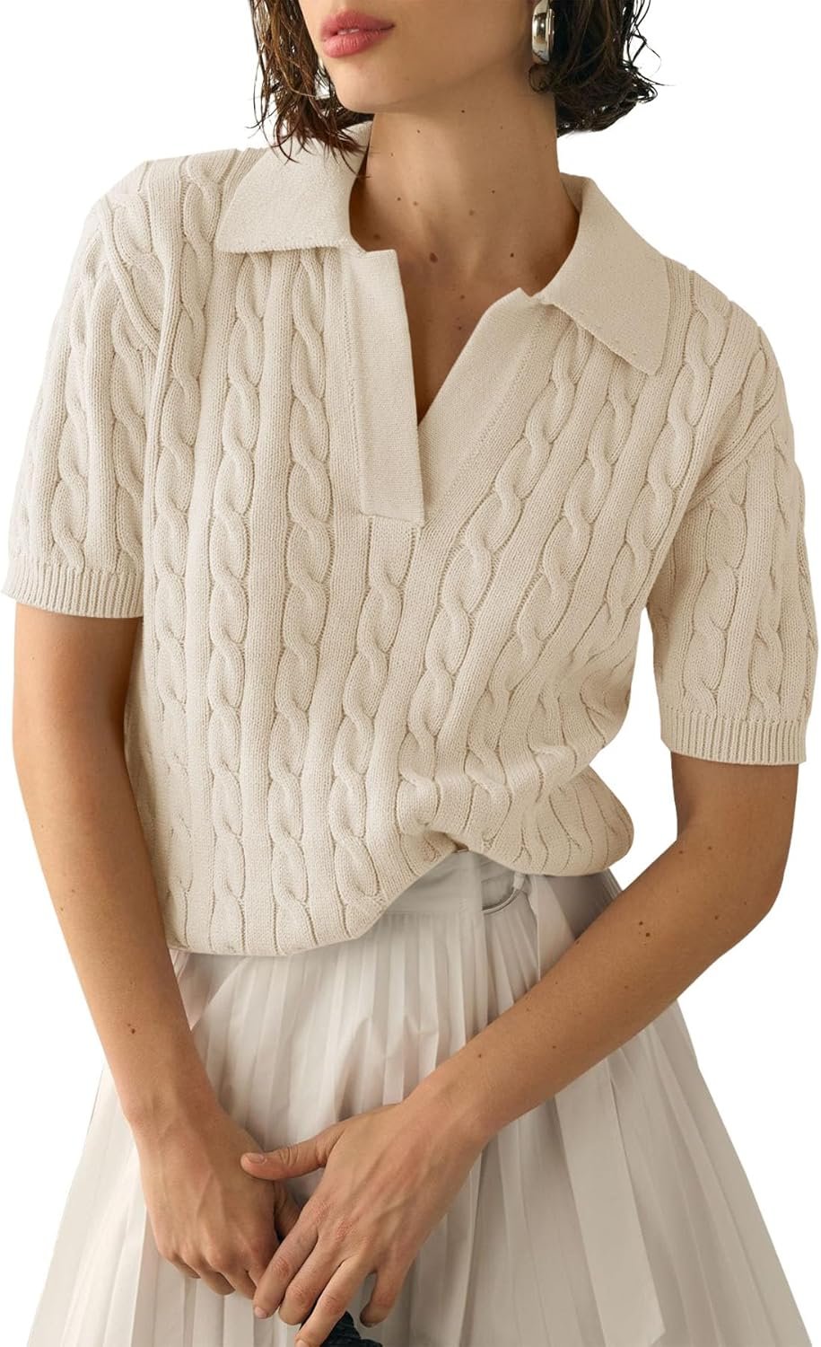 Imily Bela Women’s Cable Short Sleeve Sweaters Tops Solid Lapel V Neck Knit Casual Soft Pullover Shirt