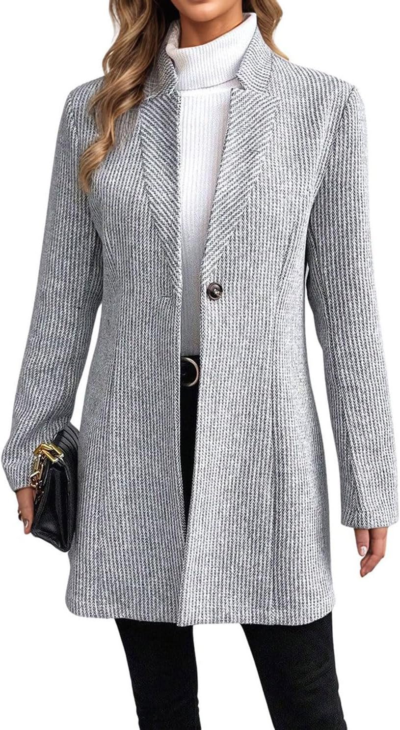 CHARTOU Womens Long Sleeve Casual Wool Jacket Blazer 1 Button Winter Coat Mid-Long Stand Collar Open Front Overcoat