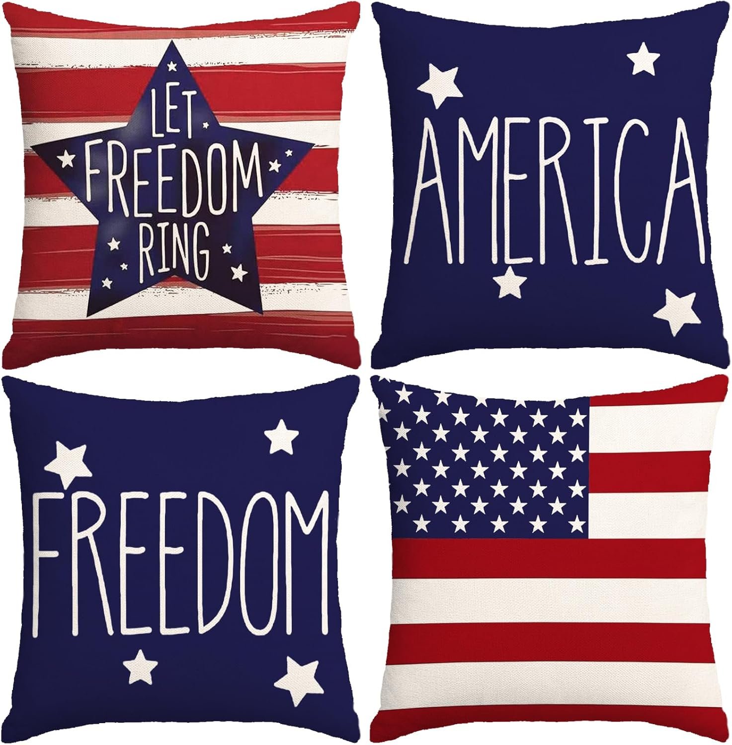 4th of July Pillow Covers 18×18 Inch,Set of 4 Patriotic Red White Blue Summer Outdoor Throw Pillow Covers,Independence Memorial Day USA Flag Linen Fourth of July Cushion Case for Sofa Couch Decor