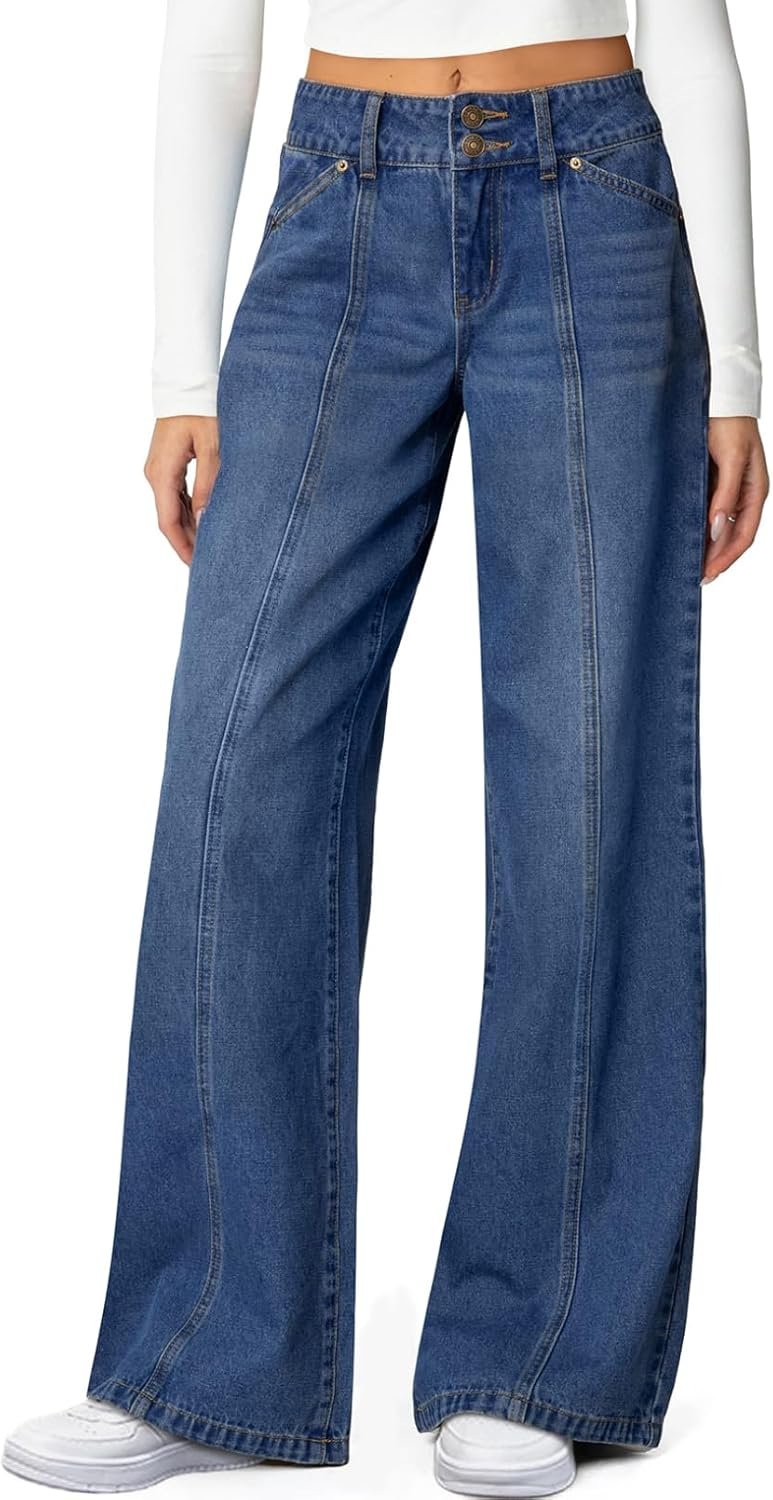 Sidefeel Women’s Wide Leg Jeans High Waisted Stretchy Straight Leg Jeans Trendy Seamed Front Loose Denim Pants