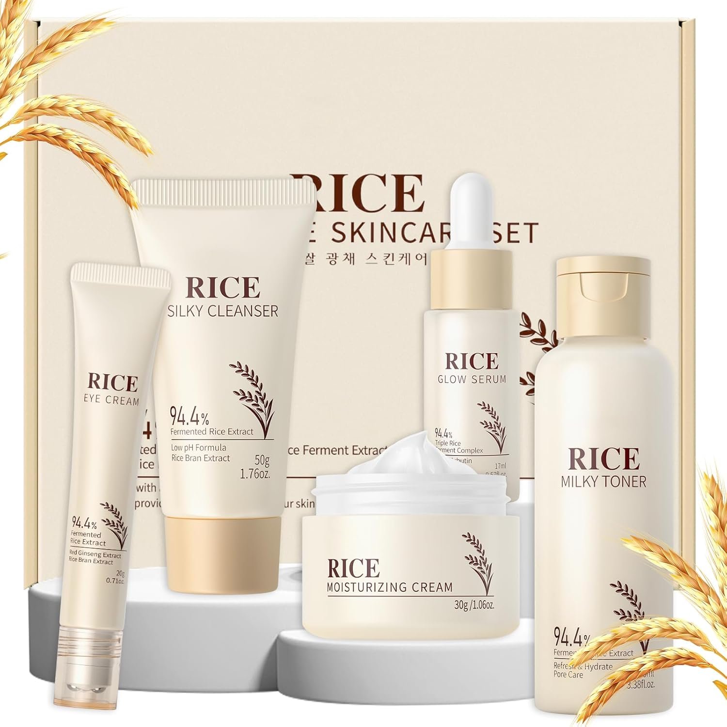 LAIKOU Skin Care Set, Korean Skin Care with Rice Cleanser, Toner, Serum, Eye Serum, Moisturizing Cream 5pcs for Women Teen Girls Mom Daughter Mother’s Day Birthday Christmas Lover Korean Beauty