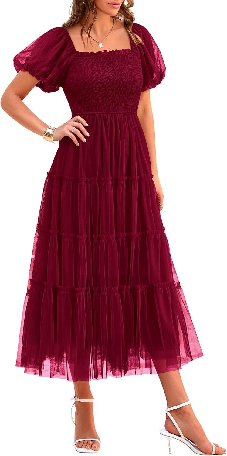 PRETTYGARDEN Women’s Smocked Midi Tulle Dress 2026 Summer Puffy Short Sleeve Square Neck Ruffle Wedding Guest Party Dresses
