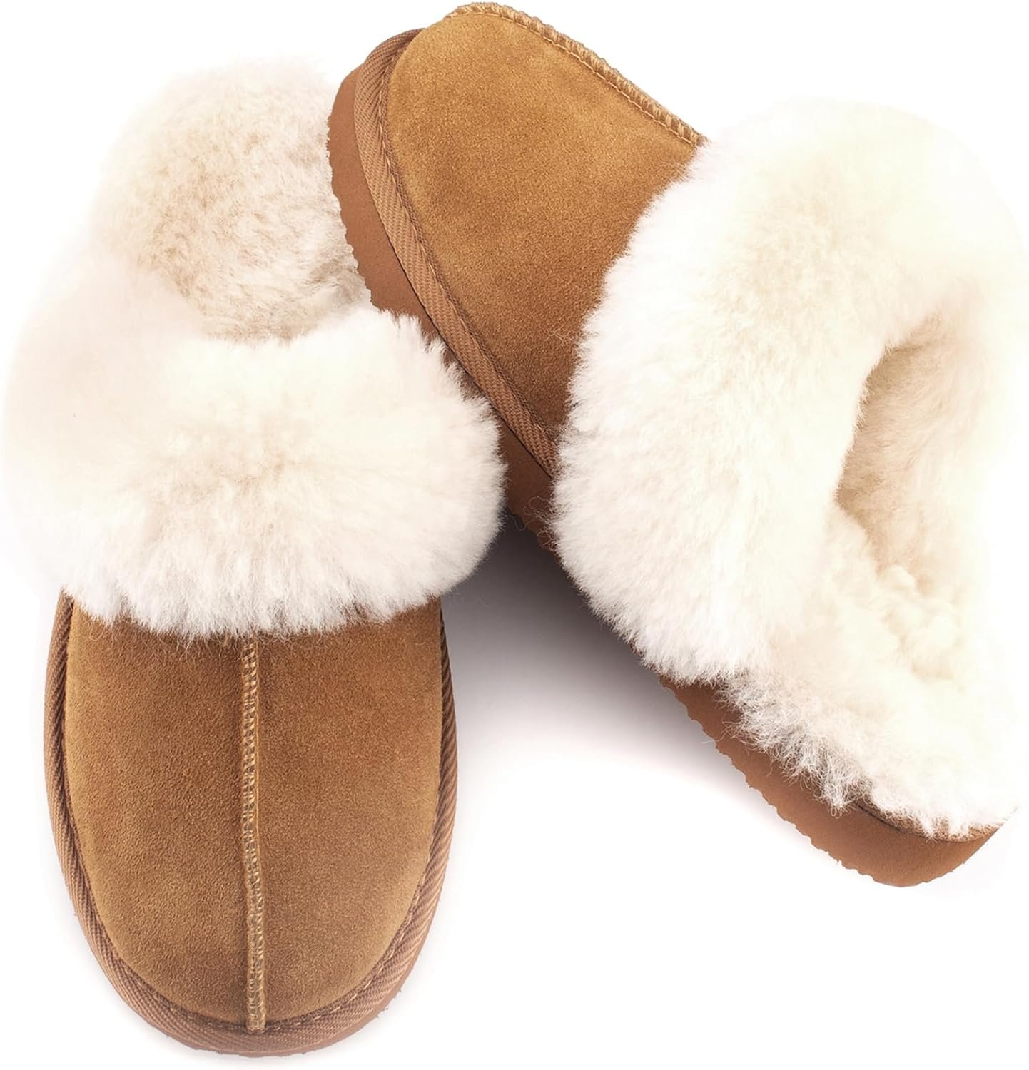 Women’s Shearling Slippers Genuine Leather with Rubber Sole, Sheepskin Fuzzy Indoor Outdoor Shoes for Home
