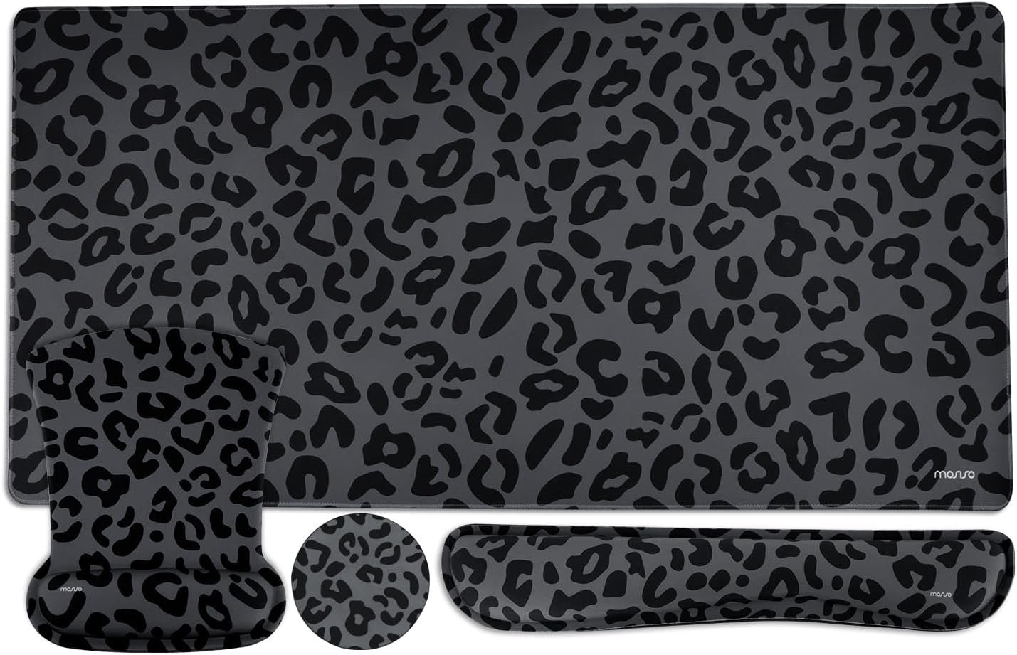MOSISO Wrist Rest Support for Mouse Pad&Keyboard Set, Ergonomic Large Leopard Grain Desk Mat&Coaster Set, Non-Slip Mousepad&Pain Relief&Easy Typing Cushion with Memory Foam for Home Office, Black