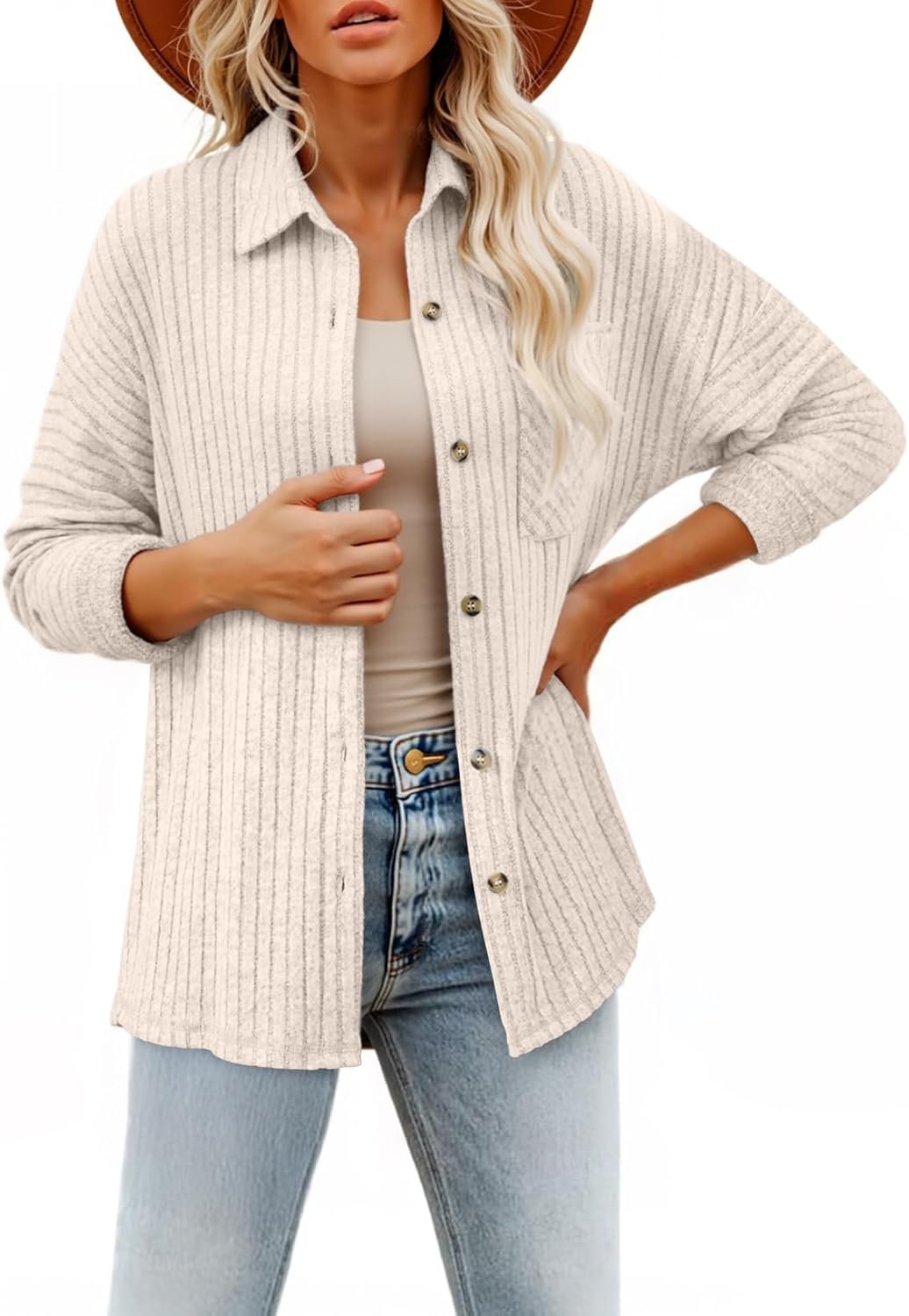 SHEWIN Womens Ribbed Knit Shacket Jacket Casual Long Sleeve Button Down Shirts Loose Sweater Tops Dressy Blouses with Pocket