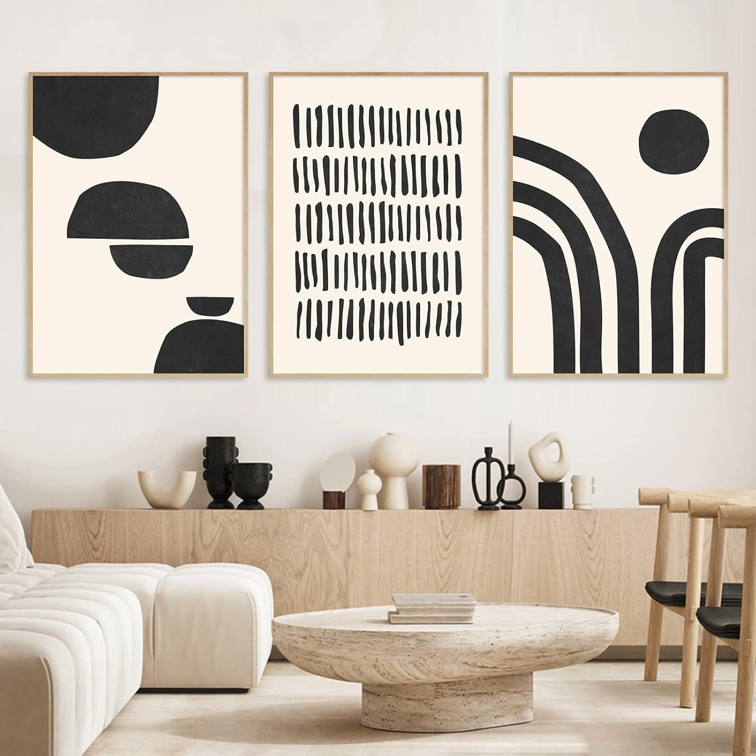 Black and White Abstract Wall Art Boho Line Drawings Poster Stroke Painting Beige Shapes Canvas Modern Geometric Pictures Line Artwork Print 16x24inchx3 No Frame