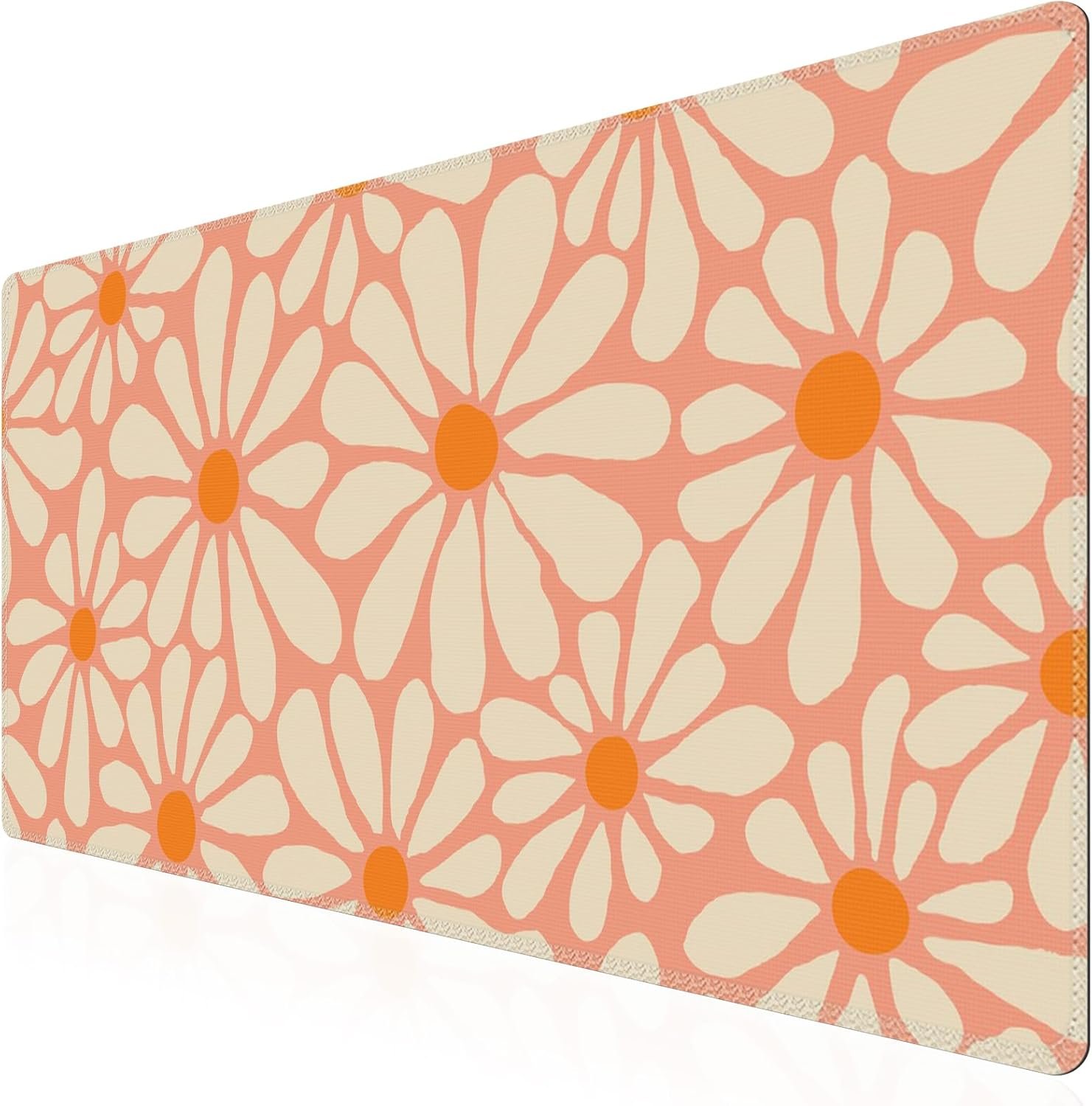 iCasso Desk Mat, Desk Matt for Desktop, Cute Desk Pad Mat, XXL Large Mouse Pad for Desk, Anti-Slip Big Mousepad with Stitched Edges, Keyboard Pad Mouse Mat for Computer, Work, Gaming (Orange Floral)