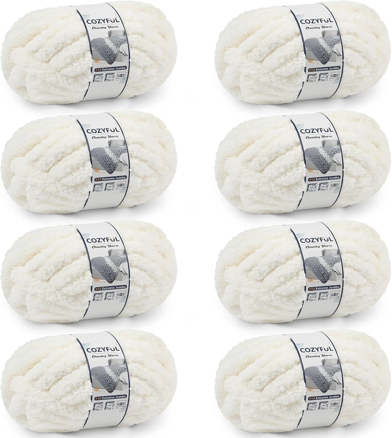 Cozyful Chunky Yarn for Hand Knitting – #10 Chunky Chenille Yarn, Jumbo Big Thick Chunky Yarns for Crocheting, Super Bulky Chunky Knit Blanket Yarns, 8 Skein (22 yds 8 oz Each Skein), Cream